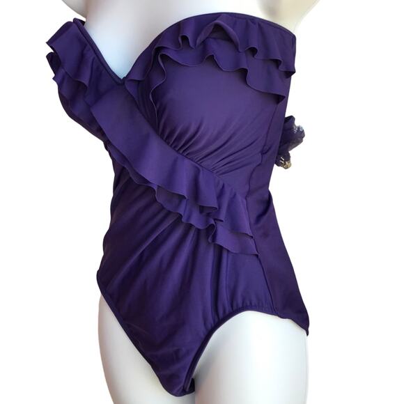 Miraclesuit Purple Ruffled One Piece w/ Optional Strap size 10 New W/O Tags - Picture 3 of 9